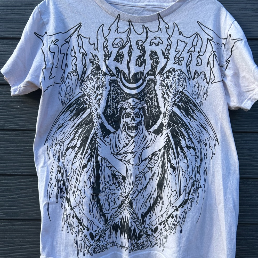 White Graphic Metal-Style Men's T-Shirt with Skull and Wings